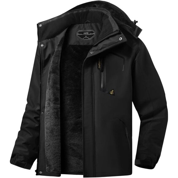 Men's Black Waterproof Winter Warm Snow Coat Fleece Lined Hiking Ski Jacket